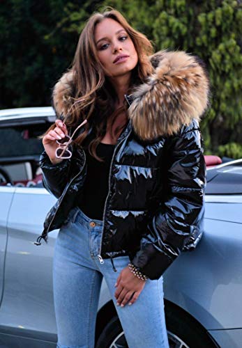 Roiii Women Winter Warm Down Jacket Thick Slim Flash Coat Down Outdoor Hood Parka Short Slim Jacket Black #TOP1