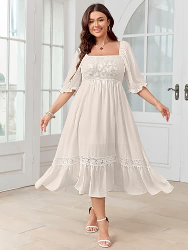 Image of SCOMCHIC Women's Plus Size Boho Maxi Dress Short Sleeve Square Neck Smocked Flowy A-Line Lace Trim Wedding Guest Dresses