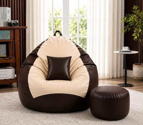 Image of Mansu-Premium Leatherette 4XL Bean Bag Cover with Footrest & Cushion (Without Beans) Cream Brown