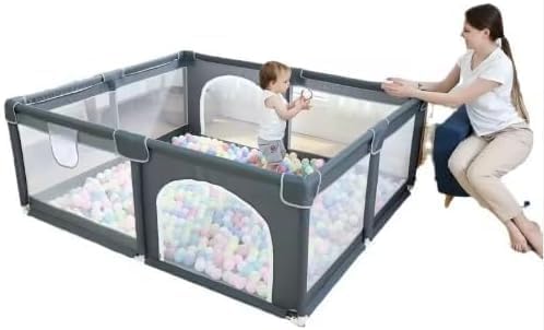 Large Baby Playpen with Mesh Sides, Grey, Safety Play Yard with Ball Pit, Indoor Outdoor Activity Center