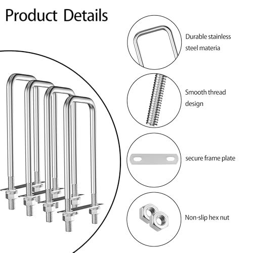 Image of 4Packs Square U-Bolt, 304 Stainless Steel Square Bend U Bolts with Nuts and Frame Plate for for Boat Trailer Tube, Rectangular Wood and Metal Objects M10*50 * 120mm