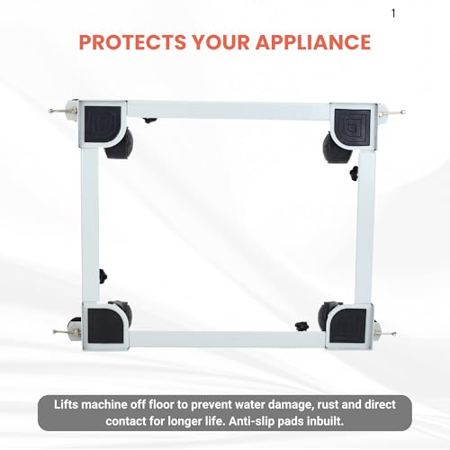 Image of SoraChi Adjustable Iron Washing Machine Stand with Wheels | Elevates Appliances to Prevent Water Damage & Reduce Vibrations | Universal Fit for Washers & Refrigerators (Grey)