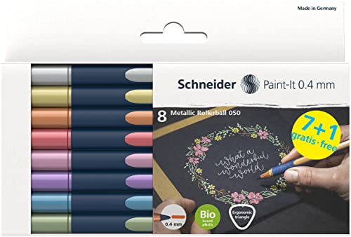 Schneider Paint-It Metallic Rollerball 050 (Strichstärke 0,4 mm, hochmetallische Tinte, schnelltrocknend, Gehäuse aus 88% biobasiertem Kunststoff) 8 Stück sortiert