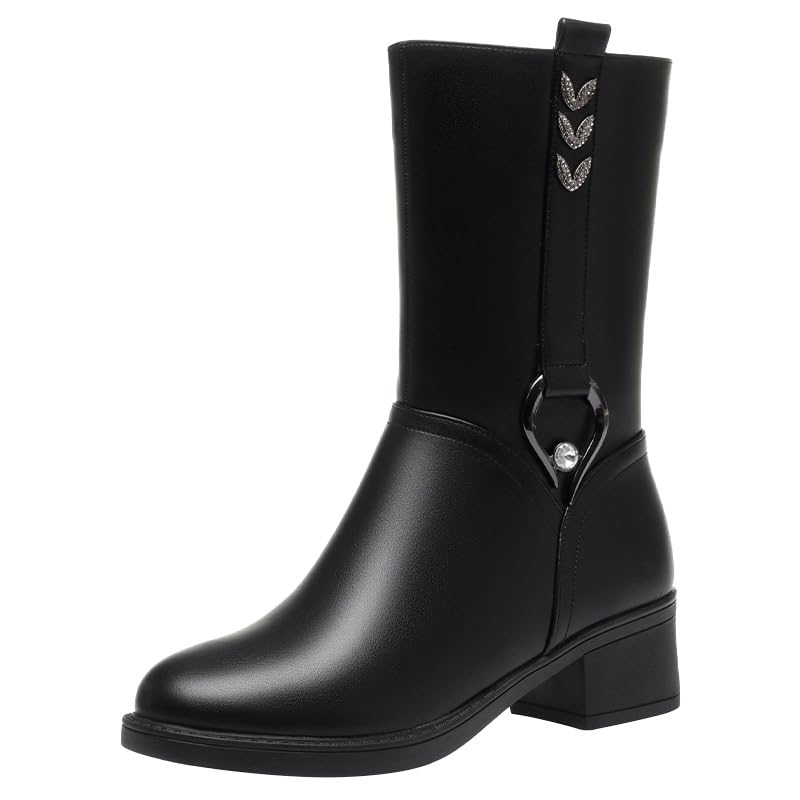 Womens Mid-calf Warm Ankle Boots Soft Leather Thick-Heeled Mother Round Toe Warm Lined Winter Boots Fashion Elegant Rhinestones