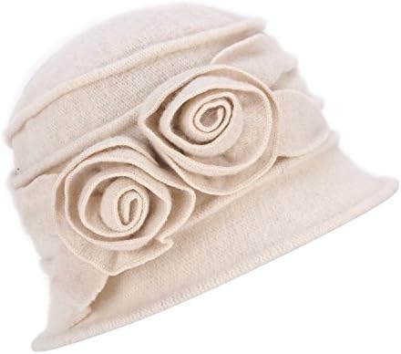 1920s Gatsby Womens Flower Wool Warm Beanie Bow Hat Cap Crushable A287 (White)