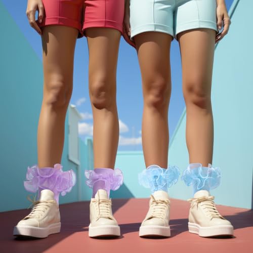 Image of Geyoga 3 Pairs Women Big Ruffle Socks Turn Cuff, Double Lace Ankle Cotton Frilly Socks for Ladies Summer