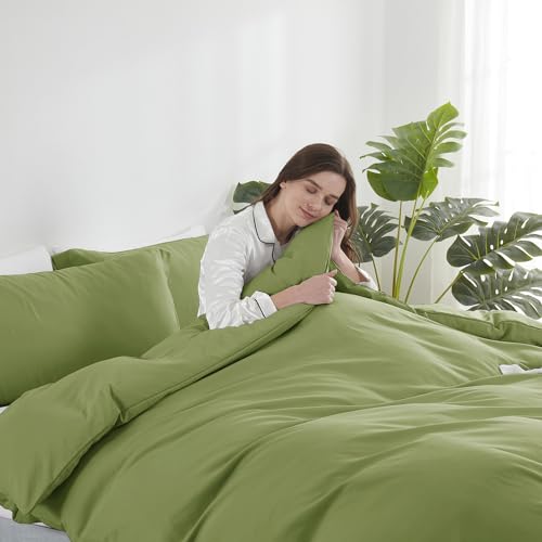 Image of Hearth & Harbor Calla Green Duvet Cover Twin Size, 2 Piece Bedding Set | Soft Double Brushed Bedding Set, Button Closure, 1 Duvet Cover 68x90 Inches, 1 Pillow Sham