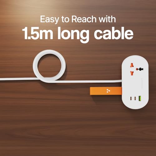Image of Ambrane Foldable Extension Board, 2 Type C & USB, Perfect for Office, Kitchen, Travels, Charge 4 Devices, Compact Size, AC Socket 2500W, 20W Fast Type C Charging, 1.5m Long Cable (Smartstrip 3 White)