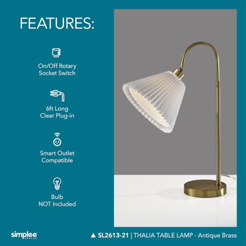 Adesso Table Lamp, Antique Brass & White, Adjustable Arm, 3-Way, 25” by Adesso - Used condition - Image 6