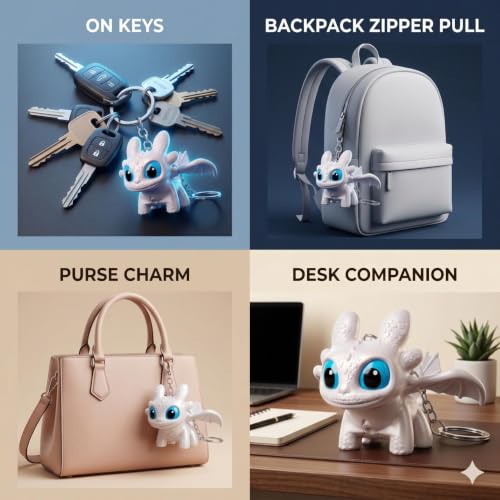 Image of DEVAR Dragon Keychain Toy with LED Light & Moving Wings, Night Fury Glowing Dragon Keychain | Mini Fantasy Figure Creature Charm for Car Dashboard, Bike Key, Backpack Bag Accessory & Kids Gift (White)