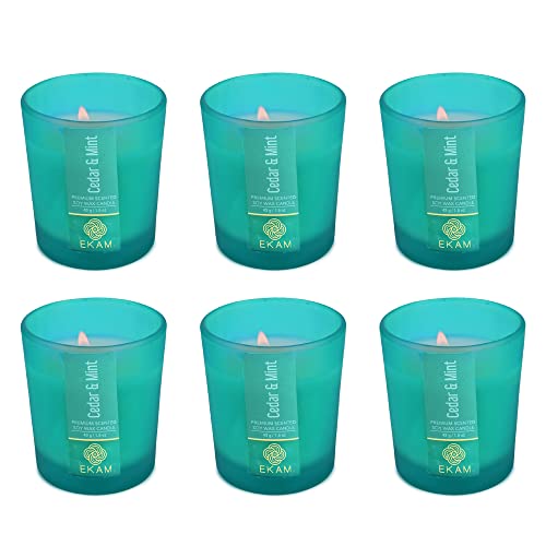 Image of EKAM Cedar & Mint Votive Soy Wax Scented Candle, 40 Grams, 10 Hours Burn Time| Long Lasting Premium Candles | Ideal for Home Decor | Gifting & Aromatherapy (Pack of 6)