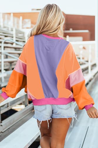 Image of KevaMolly Womens Long Sleeve Tops Colorblock Patchwork Exposed Stitching Oversize Top Round Neck Casual Pullover