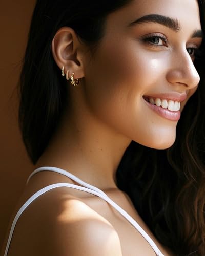 3 PairsTrendy Dainty Set Earrings- 14K Gold Plated Hoop Earrings for Women, Hypoallergenic Lightweight Stackable Jewelry Gift for Multiple Piercings3