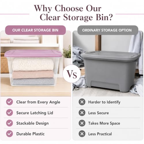 Image of Storage Bins 66 Qt Clear Latching Lid Stackable 6 Pack Purple