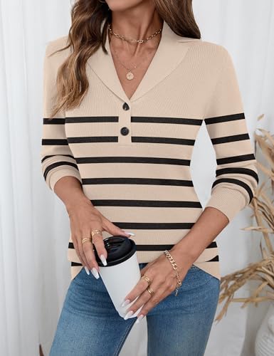 Image of LOMON Sweaters for Women 2025 Fall Knitted V-Neck Collared Button Pullover Dressy Casual Long Sleeve Polo Shirts Business