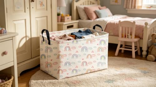 Image of Sanjiaofeng Rectangular Rainbow Basket,Storage Bins with Handles,Dirty Clothes Basket,Rainbows Room Decor(Big Rainbow)