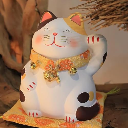 Ceramiczny kot szczęścia, Kot Feng Shui w ceramice, Kot w porcelanie, Figurka dekoracyjna do domowego biura(A)