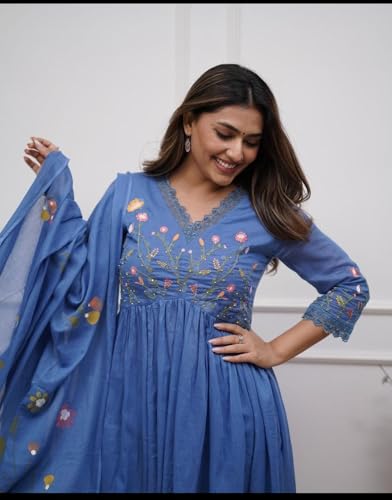 Image of KANCHAN TRADERS Women's Cotton Round Neck 3 /4 Sleeve Chikankari Embroidered Printed Kurta Palazzo with Dupatta Set