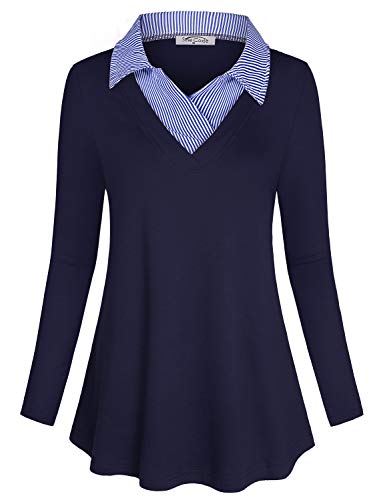 SeSe Code V Neck Shirts for Women,Ladies Blouses and Tops for Work Modern Beautiful Trendy Polo Collar Patchwork Knitted Stretchy Casual Wear Navy Blue XXlarge