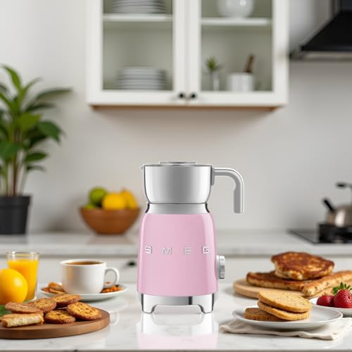 Image of SMEG Retro 50's Style Milk Frother with 2 Disks 6 Preset Programs Hot or Cold Frothing and Induction Heating (Pink)