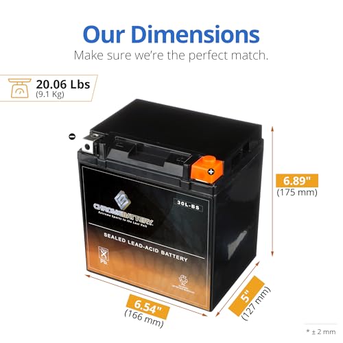 Image of CB CHROMEBATTERY YTX30L-BS 12V 385 CCA AGM - Maintenance-Free 30Ah Battery for Harley, ATV, UTV, Snowmobile, Jet Ski - T3 Nut & Bolt Terminal - Fits Harley Touring, Polaris Sportsman 850