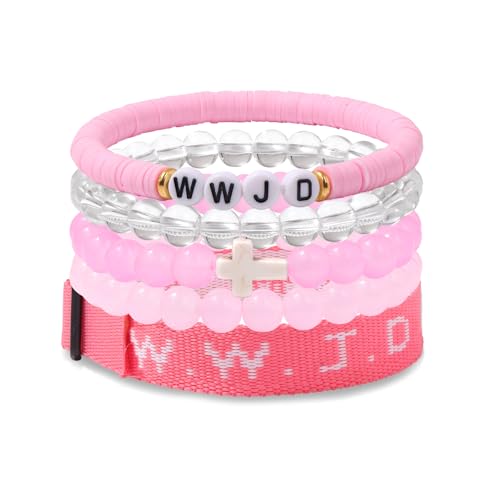 WWJD Bracelet Set for Women Men Adjustable WWJD Wristbands Christian Cross Bracelet Stackable Boho Clay Bead Bracelets Stretch Glass Beaded Inspirational Christian Jewelry Gift