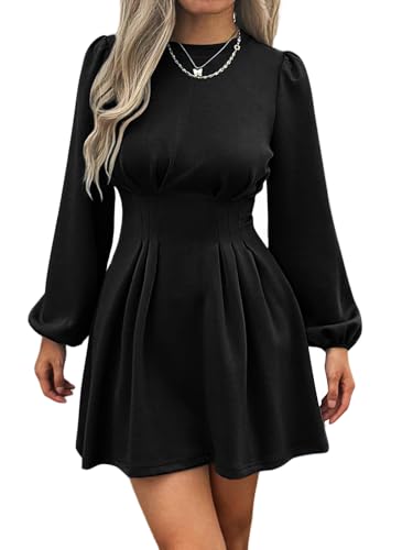 Work Dresses for Women 2025 Fall Winter Business Casual Dress Long Puff Sleeve High Waist A Line Short Office Dress