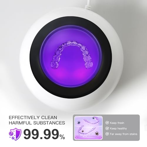 Image of Dental Ultrasonic Retainer Cleaner Machine: 45kHz Dental Cleaning Pod for Denture, Aligner, Mouth Guard, Night Guard, Braces & Jewelry, UV Denture Cleaner with Digital Timer & Dual Mode 250ML White