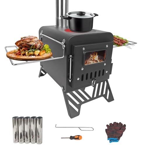 Estufa de camping para tienda de campaña, tamaño ampliado: 54 x 28 x 35 cm, estufa de leña para camping, estufa de leña portátil para exteriores con tubos de chimenea de acero inoxidable, pequeña y