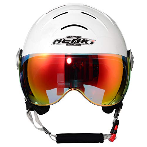 NENKI Helmets NK-2012 Ski Helmet with Visor (Glossy White,Iridium Red Visor, Medium 22-22.5INCH)