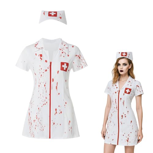 Costume da Medico Zombie Halloween Medico Zombie Insanguinato Travestimento Dottore Zombie per Halloween Carnevale Cosplay Uomo Ragazzo Adulti,Zombie Bloody, costume da infermiera con cappello