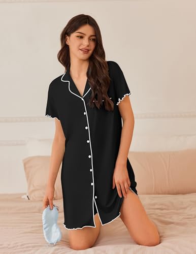 Ekouaer Nightgowns for Women Button Down Sleep Shirt Short Sleeve NightShirts Boyfriend Sleepdress Soft Pajama Dress3