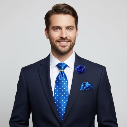 Image of 5PCS Mens Premium Silk Tie, Pocket Square, Cufflinks, Drilled Tie Ring and Lapel Pin Set for Wedding Groom Party
