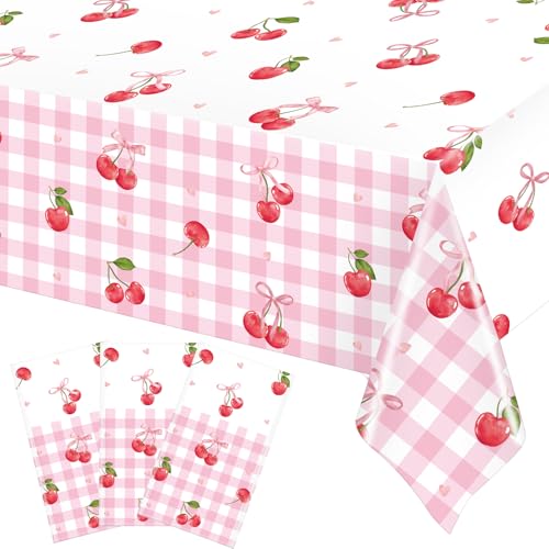 Image of Ganeen 3 Pcs Cherry Birthday Decorations Pink Bows Cherry Tablecloths Disposable Plastic Gingham Rectangle Table Cover Waterproof for Birthday Baby Shower Wedding Party Supplies, 54 x 108 Inch