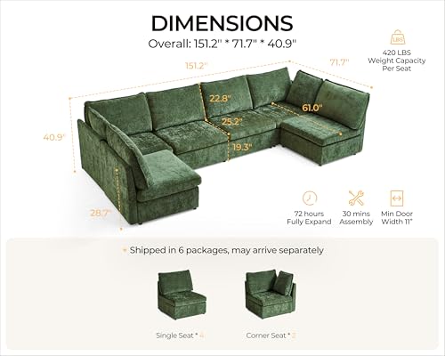 Image of Oversized Modular Sectional Sofa, Comfy Cloud Couch with Reversible Chaises Extra Deep U-Shaped Sleeper Sofa Bed for Living Room, Covers Washable, 6-Seater with 2 Corners, Chenille, Green