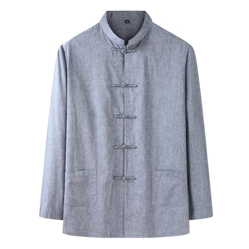 Men's Linen Cotton Chinese Kung Fu Shirt Tang Suit Plus Size 6XL 7XL 8XL Solid Color Loose Casual Long Sleeve Shirts(Grey,210-7XL)