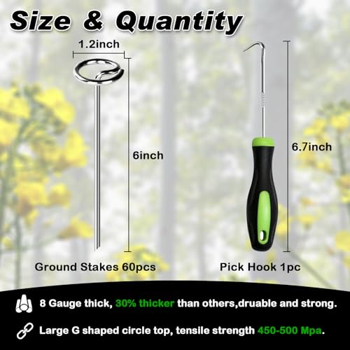 Image of FEED GARDEN Heavy Duty Landscape Fabric Pins 8 Gauge 60 Pack with Pick Hook, 6 Inch Galvanized Round Head Garden Stakes for Weed Barrier Fabric, Turf, Sod, Tent, Garden Edging & Hard Soil