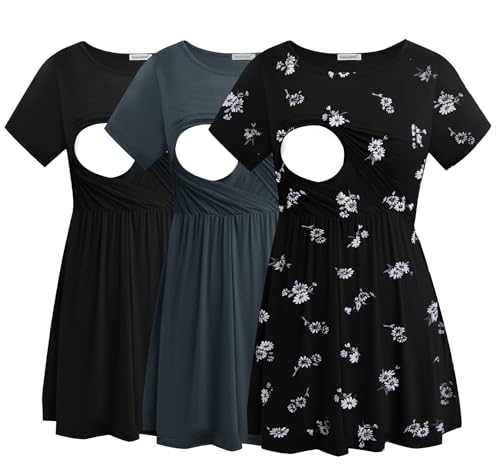 Image of Smallshow Women's Maternity Nursing Tops 3 Pack Short Sleeve Breastfeeding Shirt