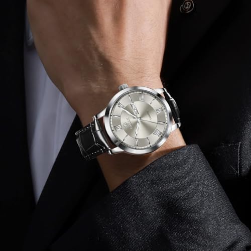 Taxau Mens Leather Watch Mens Wrist Watches Waterproof Analog Watches for Men Dress Watch Grey Dial Black Leather Band Luminous for Large Wrist Roman Number reloj de Hombre — view 3