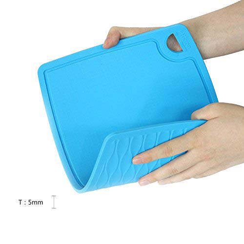 Liflicon Thick Silicone Cutting Board 12.6'' X 9.1'' Juice Grooves Easy Grip Handle Dishwasher Safe-Blue #TOP1