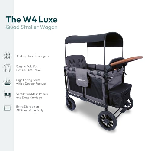 Image of WonderFold W4 Luxe Stroller Wagon - Collapsible Stroller Wagon with Steel Frame - Adjustable Canopy & Push Handle - XL All-Terrain Wheels - for Babies, Toddlers & Kids - 4 Seater - Gray