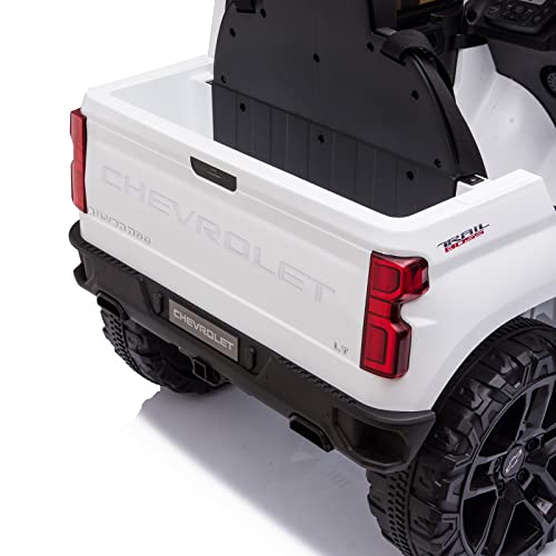 Kids Ride On Car with Remote Control, 12V Powered Wheels, MP3, FM Radio, Spring Suspension, LED Lights,Licensed Chevrolet Silverado GMC Perfect Electric Vehicle for Toddlers Age 3-8, in White