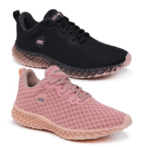 Kit 2 Pares Tênis Ortopédico Feminino Ascension | Leve, Confortável – Para Caminhada, Academia e Uso Diário (Preto+Rose/Rose, BR, Adulto, Numérico, 39)