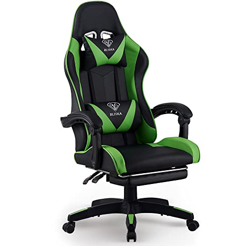 TRISENS Gaming-Stuhl mit Fußstützen - Bürostuhl ergonomisch stufenlos einstellbar - Gamer Chefsessel, Computer Office Chair, Schreibtischstuhl, Büro Stuhl, Farbe:Schwarz/Grün