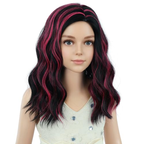 Image of PATTNIUM Girls Black and Hot Pink Short Curly Wavy Wigs Kids Black Side Part Shoulder Length Heat Resistant Synthetic Wig Halloween Cosplay Costume Party Daily Wigs