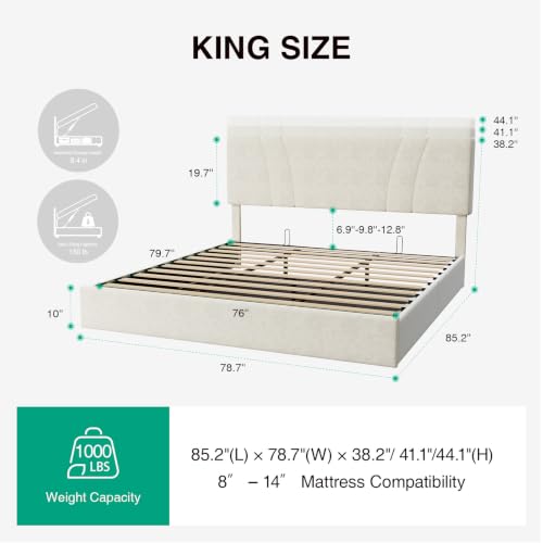Image of Novilla King Lift Up Storage Bed Frame /Charging Station /LED Light, White