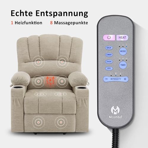 M MCombo Fernsehsessel mit Aufstehhilfe Elektrisch, Verbreiterte Rückenlehne Sessel mit Aufstehhilfe, Massage & Heizung, Relaxsessel mit Liegefunktion bis 145° USB 7102 (Stoff, Beige) – Bild 7