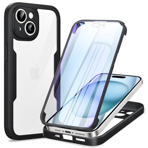 Phoona Cover per iPhone 15 con Pellicola Protettiva Trasparente, Antiurto Silicone Custodia 360 Gradi Full Body Protezione, AntiGraffio Robusta Cover per iPhone 15, Nero