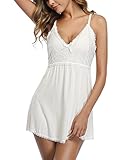 Nieery Damen Negligee Kurz Nachthemd Ärmellos Unterkleid Nachtkleid mit Spitzen Sexy V-Ausschnitt Verstellbare Träger Lingerie Baumwolle Dessous Kleid Trägerkleid Weiß XL Style-2
