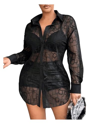 WDIRARA Women's Mesh See Through Blouse Long Sleeve Button Front Sexy Shirt Tunic3
